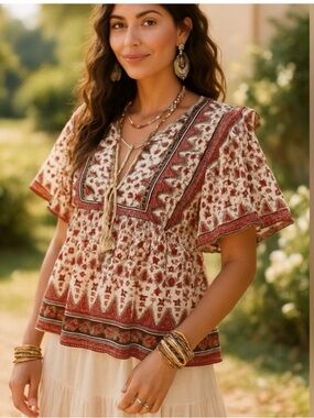 Calypso St. Barth Boho Quilted Paisley Floral Print Ruffle Cottagecore top sz L